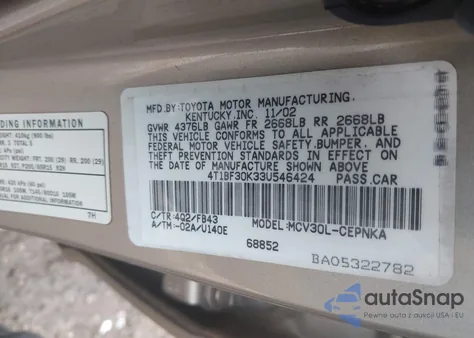 2003 Toyota Camry Le V6 из США, поврежденный, VIN 4T1BF30K33U546424